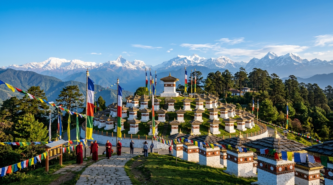 Dochula Pass 108 Memorial Chortens and Himalayan Mountain Panorama